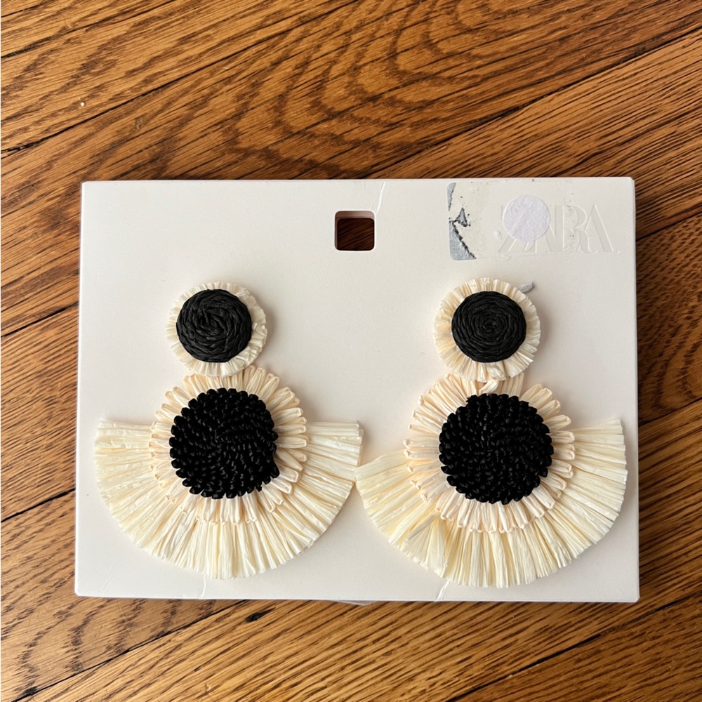 Zara Black and Cream raffia Statement Earrings